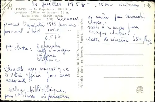 Ak Dampfschiff Liberte, CGT, French Line, Paquebot