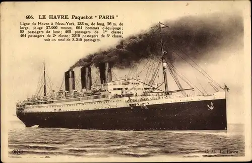 Ak Le Havre, Paquebot Paris, CGT French Line, Transatlantique, Dampfschiff