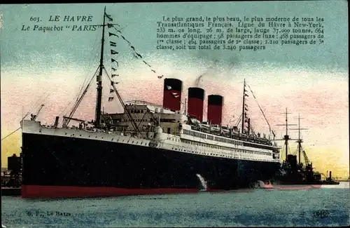 Ak Le Havre, Paquebot Paris, CGT French Line, Transatlantique, Dampfschiff