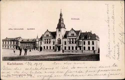 Ak Karlshamn Schweden, Allm. Läroverket, Apoteket, Radhuset