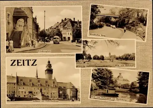 Ak Zeitz, Friedensplatz, Wendischer Berg, Bahnhof, Rathaus, VVN Denkmal, Moritzburg, Kulturpark