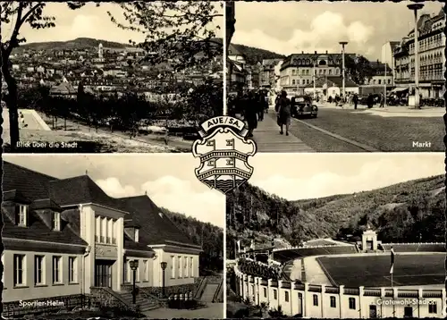 Ak Aue im Erzgebirge Sachsen, Wappen, Blick über die Stadt, Markt, Sportler-Heim, Grotewohl-Stadion