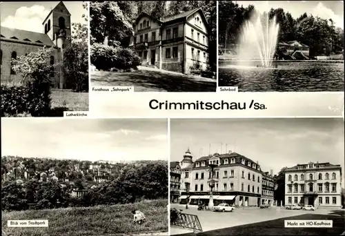 Ak Crimmitschau in Sachsen, Lutherkirche, Forsthaus Sahnpark, Sahnpark, Panorama, Markt