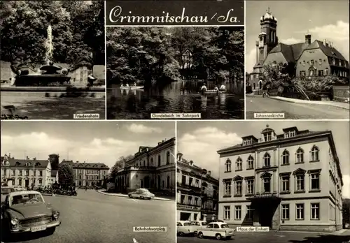 Ak Crimmitschau in Sachsen, Friedenshain, Gondelteich, Johanneskirche, Haus der Einheit