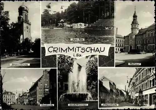 Ak Crimmitschau in Sachsen, Sahnbad, Rathaus, Kinderbrunnen, Stadtmitte, Johanniskirche