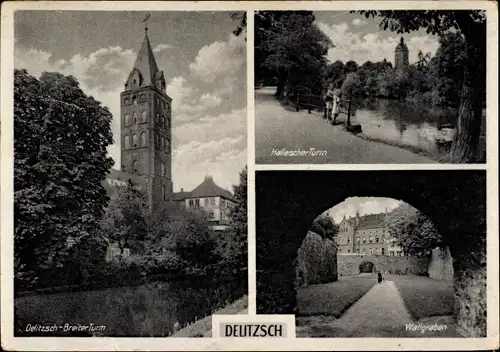 Ak Delitzsch in Sachsen, Breiter Turm, Hallescher Turm, Wallgraben