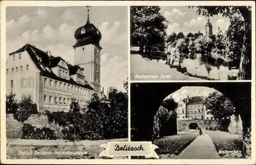Ak Delitzsch in Sachsen, Schloß, Heimatmuseum, Hallescher Turm, Wallgraben