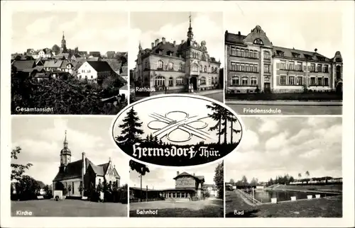 Ak Hermsdorf in Thüringen, Rathaus, Friedensschule, Kirche, Bahnhof, Bad