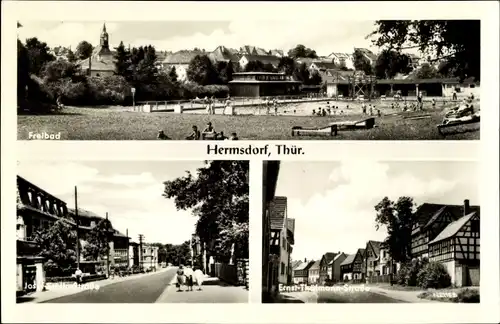 Ak Hermsdorf in Thüringen, Freibad, Ernst Thälmann Straße, Josef Stalin Straße
