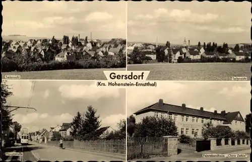 Ak Gersdorf in Sachsen, Feierabendheim Clara Zetkin, Hauptstraße, Panorama, Kirchturm