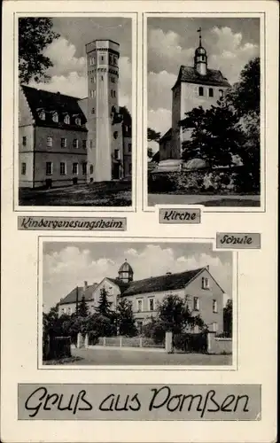 Ak Pomßen Parthenstein in Sachsen, Schule, Kirche, Kindergenesungsheim