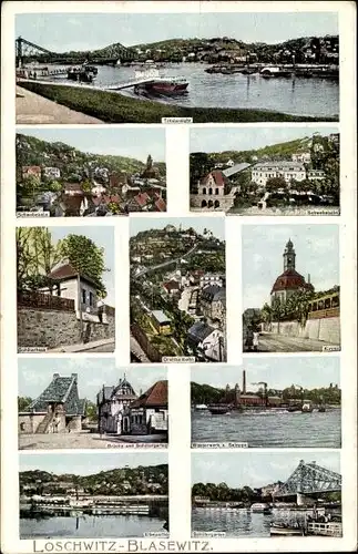 Ak Dresden Blasewitz, Loschwitz, Kirche, Wasserwerk, Schwebebahn, Schillerhaus, Teilansicht