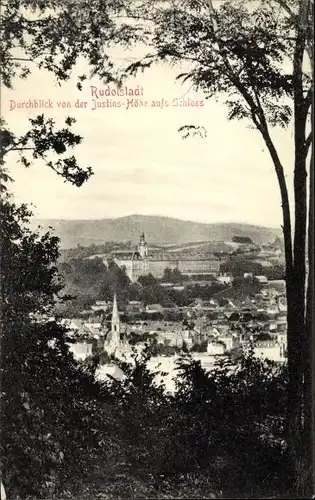 Ak Rudolstadt in Thüringen, Durchblick von der Justins-Höhe aufs Schloss