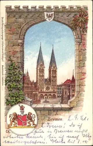 Passepartout Litho Hansestadt Bremen, Bremer Dom, Platz, Brunnen, Wappen