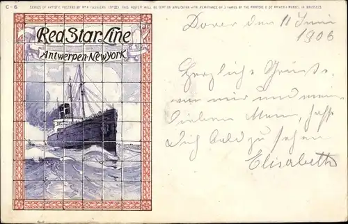 Ak Dampfer, Red Star Line, Linie Antwerpen New York