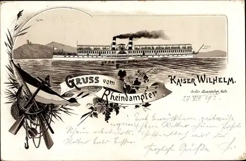 Vorläufer Litho Rheindampfer Kaiser Wilhelm, Salondampfer, 1893