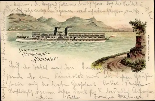 Litho Rheindampfer Humboldt, Uferblick, Ansicht Backbord