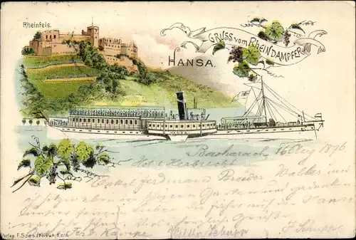 Litho St. Goar am Rhein, Burg Rheinfels, Rheindampfer Hansa, Salondampfer