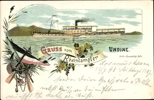 Litho Blick auf den Rheindampfer Undine in Fahrt, Uferpartie, Flagge, Anker