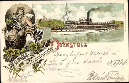 Litho Gruß vom Rheindampfer Overstolz, Wappen, Rheindampfschifffahrt