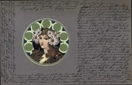 Jugendstil Präge Litho Portrait einer Frau mit Blumen im Haar