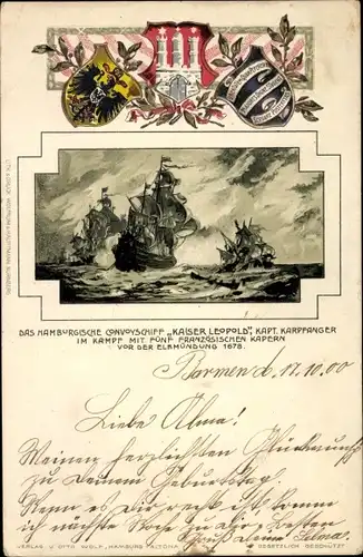 Präge Wappen Litho Hamburgisches Convoischiff Kaiser Leopold im Kampf mit Franzosen 1678