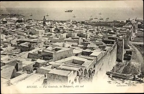 Ak Sousse Tunesien, Blick über die Stadt zum Hafen, Stadtmauer, Schiffe