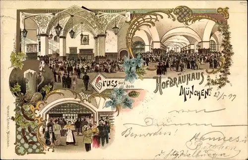 Litho München Bayern, Hofbräuhaus, Innenansicht