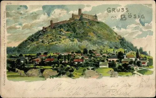 Litho Bezděz Schloßbösig Region Reichenberg, Ruine Bösig, Ortsansicht