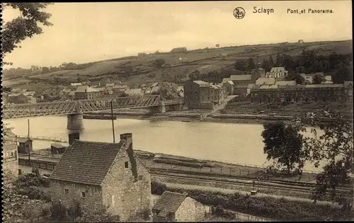 Ak Sclayn Wallonien Namur, Bahnschienen, Brücke, Blick zum Ort, Pont et Panorama