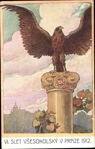 Künstler Ak Praha Prag Tschechien, VI. Slet Vsesokolsky 1912, Standbild mit Adler