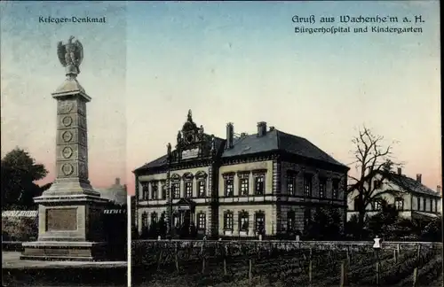 Ak Wachenheim a.d. Haardt an der Weinstraße Pfalz, Bürgerhospital und Kindergarten, Krieger Denkmal