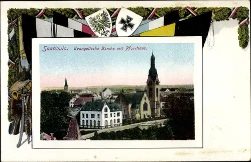 Passepartout Wappen Ak Saarlouis im Saarland, Evangelische Kirche mit Pfarrhaus