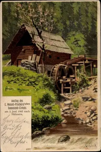 Künstler Litho Mailick, Wassermühle, Frühlingsidylle