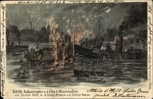 Künstler Litho Dampfer Primus, Schlepper Hansa, Schiffsunglück auf der Elbe bei Nienstedten 1902