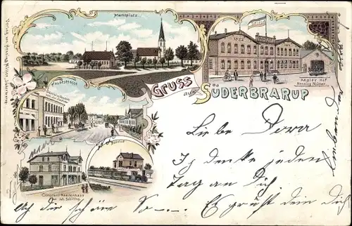 Litho Süderbrarup in Angeln Schleswig Holstein, Marktplatz, Hauptstraße, Bahnhof, Angeler Hof