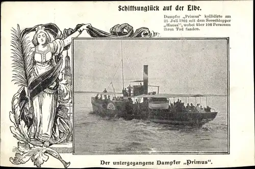 Passepartout Ak Dampfer Primus, Schiffsunglück auf der Elbe, Zusammenstoß Seeschlepper Hansa