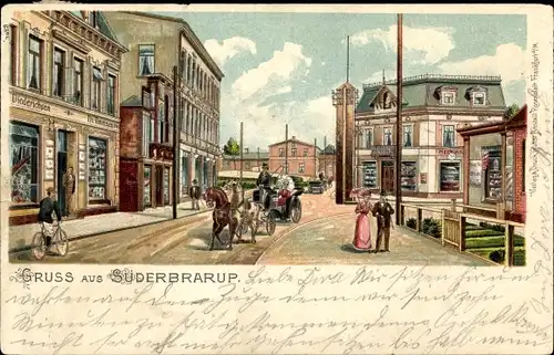 Litho Süderbrarup in Angeln Schleswig Holstein, Straßenpartie, Kutsche, Geschäfte