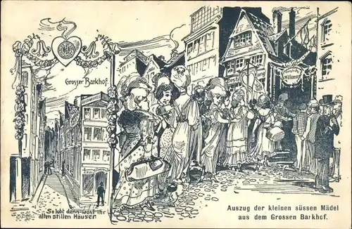 Litho Hamburg, Großer Barkhof, Auszug der kleinen süßen Mädel, Michaelis 1907, Gedicht