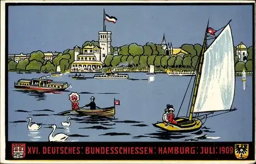 Künstler Ak Hamburg Nord Uhlenhorst, Uhlenhorster Fährhaus, XVI. Deutsches Bundesschießen 1909