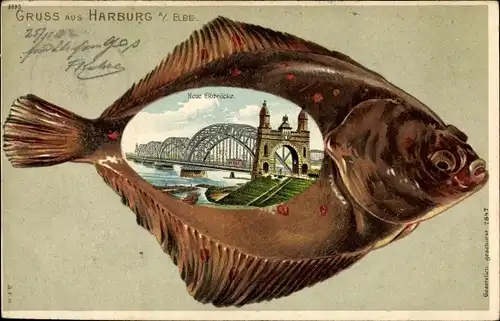 Präge Flunder Litho Hamburg Harburg, Neue Elbbrücke