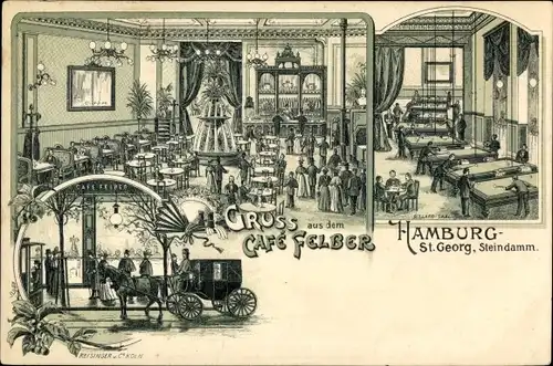 Litho Hamburg Mitte St. Georg, Cafe Felber, Steindamm, Innenansicht, Billard, Kutsche