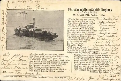 Ak Das schreckliche Schiffsunglück auf der Elbe 1902, Dampfer Primus, Schlepper Hansa, Gedicht