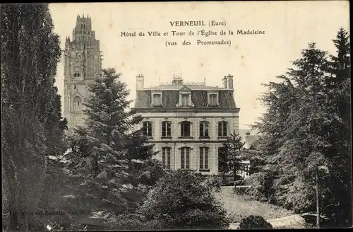 Ak Verneuil Eure, Hotel de Ville et Tour de l'Eglise de la Madeleine