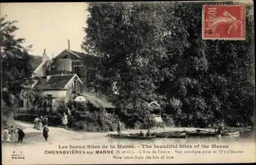 Ak Chennevières-sur-Marne Val de Marne, Vue artistique prise de l'Ile d'Amour