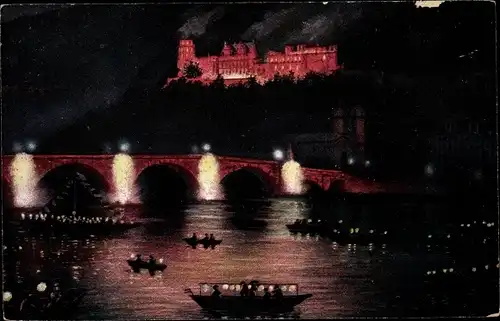 Künstler Ak Heidelberg am Neckar, Schlossbeleuchtung, Boote, Brücke
