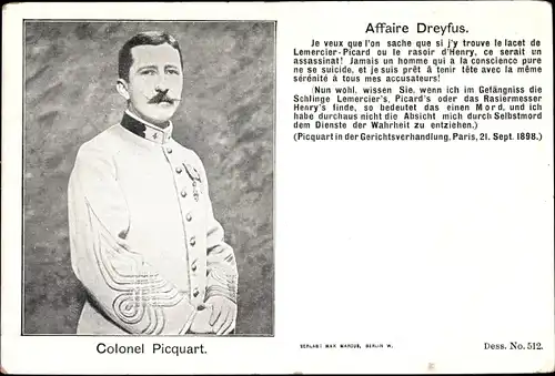 Ak Affaire Dreyfus, Colonel Picquart, Portrait in Uniform, Zitat, Gerichtsverhandlung 1898