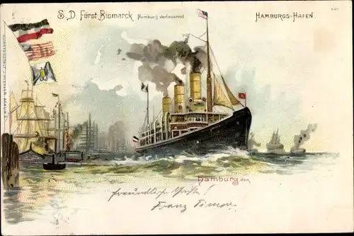 Litho HAPAG Dampfer Fürst Bismarck verlässt den Hamburger Hafen