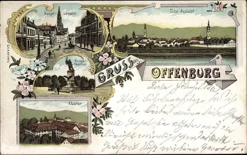 Litho Offenburg im Schwarzwald Ortenaukreis, Kriegerdenkmal, Kloster, Hauptstraße