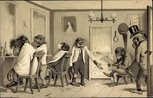 Präge Litho Vermenschlichte Affen beim Friseur, Barbier, Schimpansen